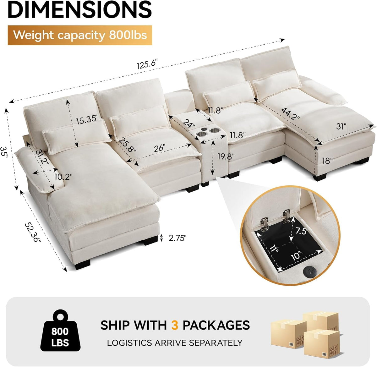 125'' U Shaped Cloud Modular Sectional Sofa with Chaise Lounges, Chenille Upholstered Comfy Couch with Storage Console, USB Charging Ports & Cup Holders, Modern Deep Seat Sofa for Living Room, Beige