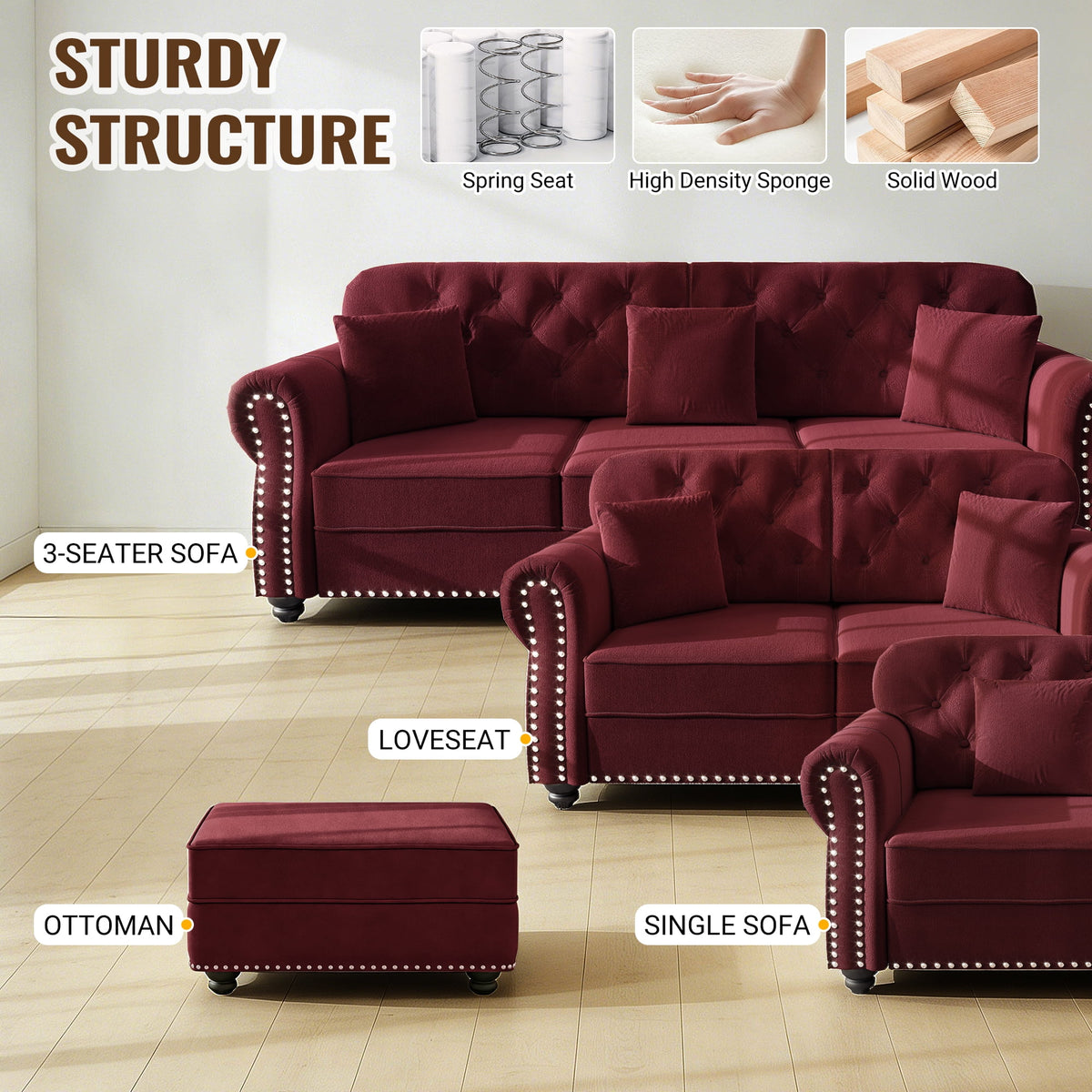  Modular Sectional Sofa, 4 Seat Velvet Sofa Couch Convertible Sofa Bed for Living Room Red