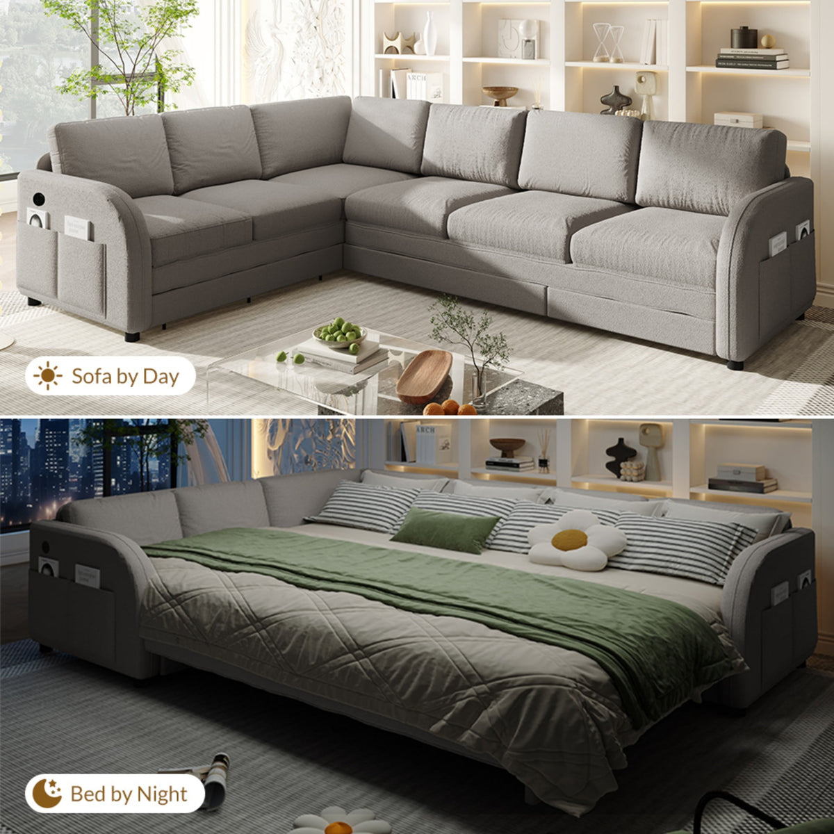 Sectional Sofa, 115" Sectional Couch with Pull Out Sofa Bed King Size, 6 Seat Sofa Convertible Sofa Bed for Living Room Light Gray