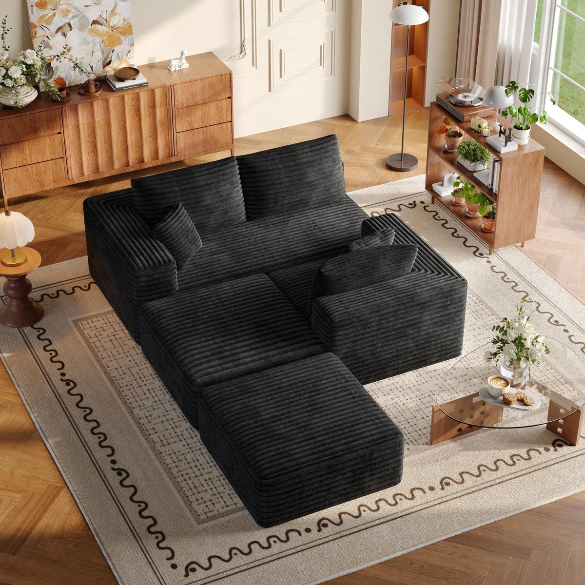 Pionex 108" Sectional Couch with Ottoman, Cloud Modular Boneless Couch, Deep Seat U-Shaped Sofa, Upholstered 3-Seater Sofas for Living Room, No Assembly Required