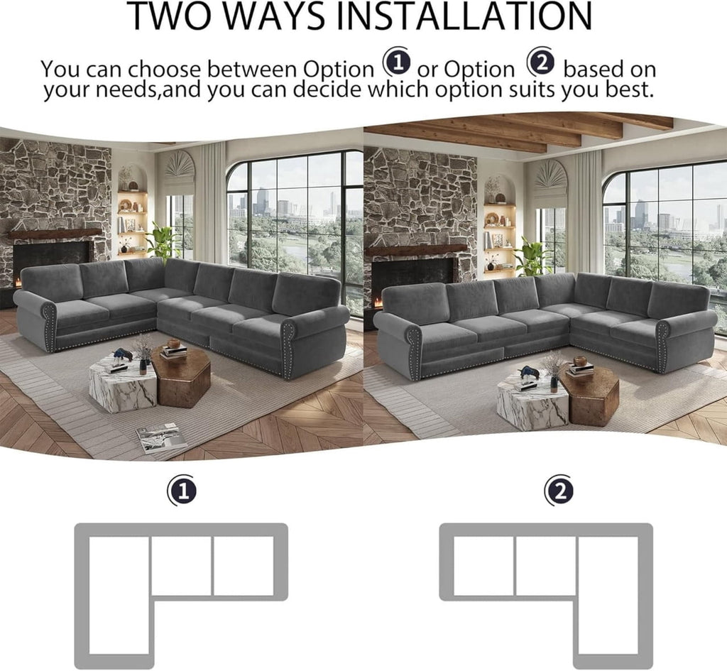118" L-Shaped Convertible Sleeper Couch Bed, Chenille Upholstered Sectional Sofa with Pull-Out Sofa Bed, Modern Chesterfield Sofa for Living Room