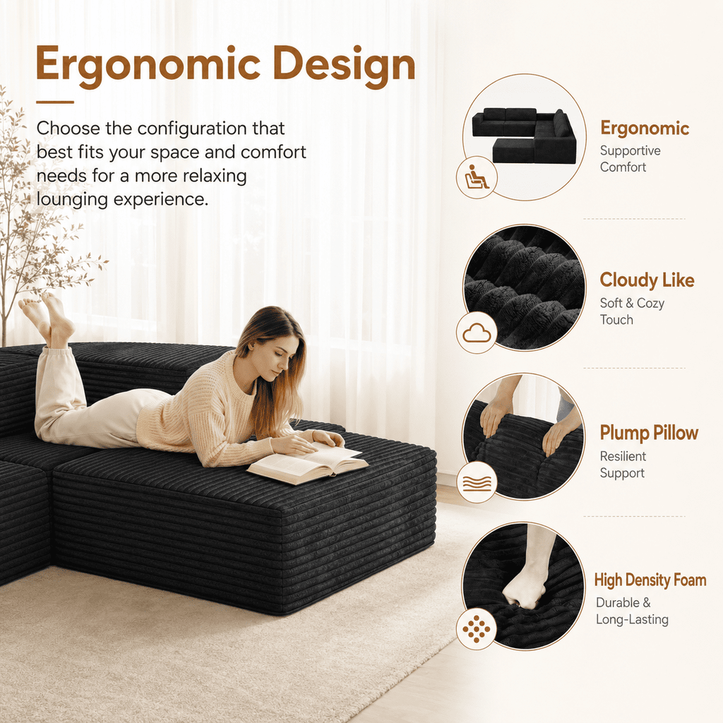 160" Oversized Boneless Sectional Couch Bed for living room, 7 Seats, Corduroy Modular U Shaped Sofa, Big Comfy Home Apartment Furniture, No Assembly Needed, Black