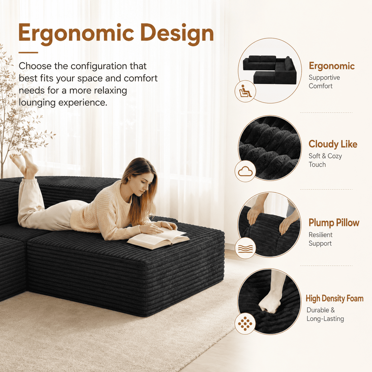 160" Oversized Boneless Sectional Couch Bed for living room, 7 Seats, Corduroy Modular U Shaped Sofa, Big Comfy Home Apartment Furniture, No Assembly Needed, Black