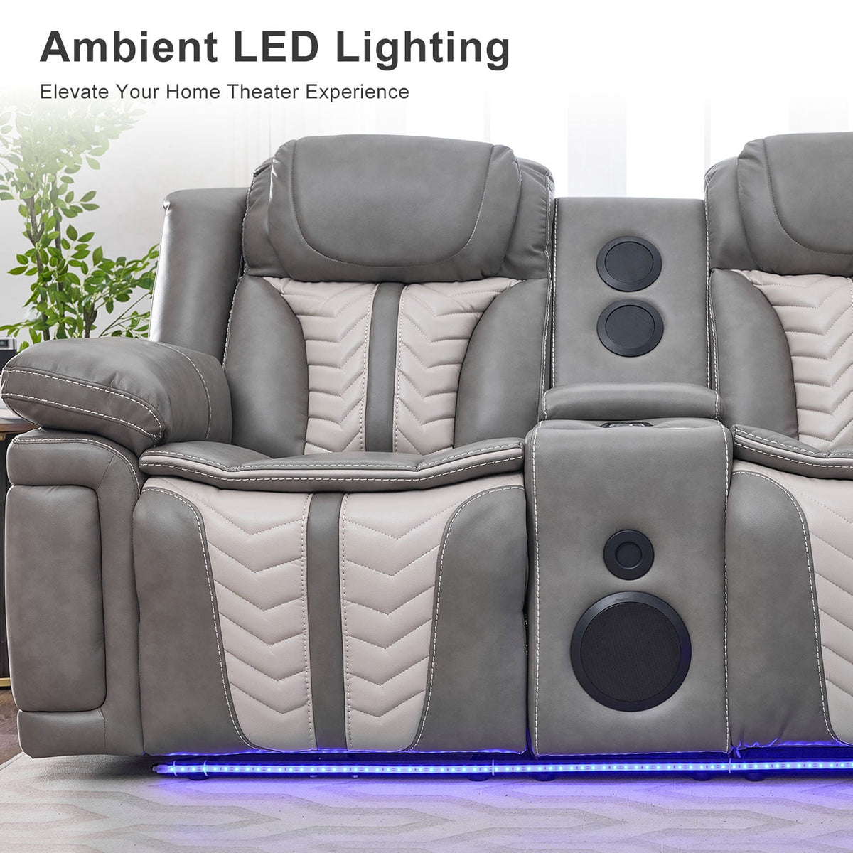 Power Reclining L-Shaped Sectional Sofa with LED Lights, Speakers, Cup Holders, Grey Faux Leather
