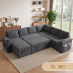 110" Modular Sectional Sleeper Sofa with Pull Out Bed, 7 Seat Plush L Shaped Couch with Storage Chaise|USB Ports|Cup Holders|Side Table|Storage Armrests, Tool Free Assembly, Chenille Fabric Dark Gray