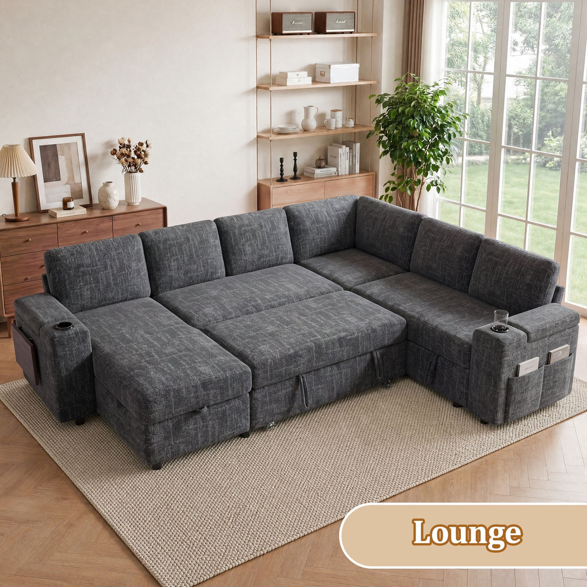 110" Modular Sectional Sleeper Sofa with Pull Out Bed, 7 Seat Plush L Shaped Couch with Storage Chaise|USB Ports|Cup Holders|Side Table|Storage Armrests, Tool Free Assembly, Chenille Fabric Dark Gray