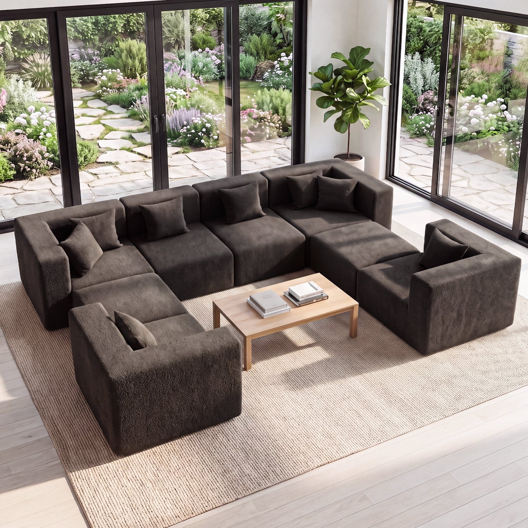  130" 8-Piece Modular Sectional Sofa with Ottomans, U-Shaped Pit Couch for Living Room, Modern Teddy Fabric Cloud Couch Set, Large Sleeper Sofa with Deep Seats, Coffee Brown