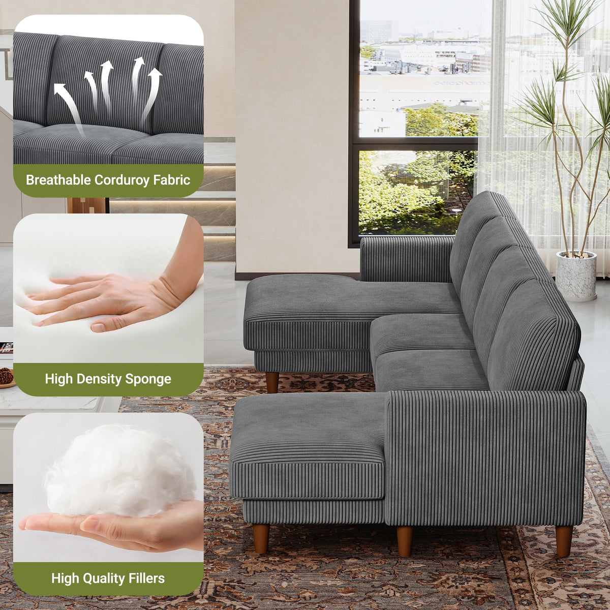 106" Corduroy Sofa for Living Room, U Shaped Couch, Wood Frame, Gray