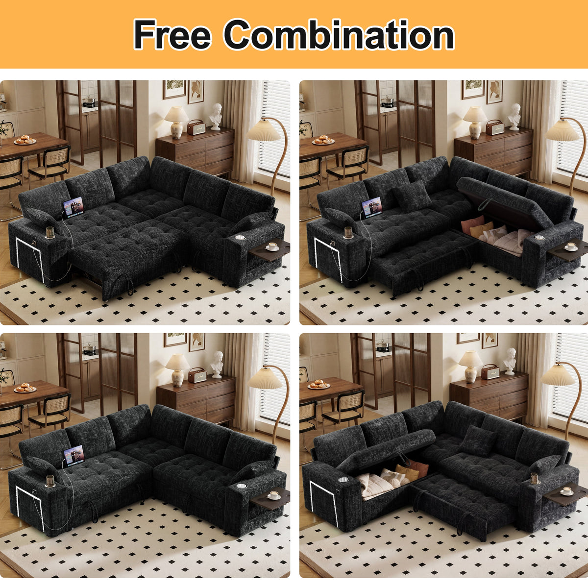 85" Modular Sectional Sleeper Sofa with Pull Out Bed, 5 Seat Chenille L Shaped Couch with USB Ports|Cup Holders|Side Table|Storage Loveseat, Tool Free Assembly,Black