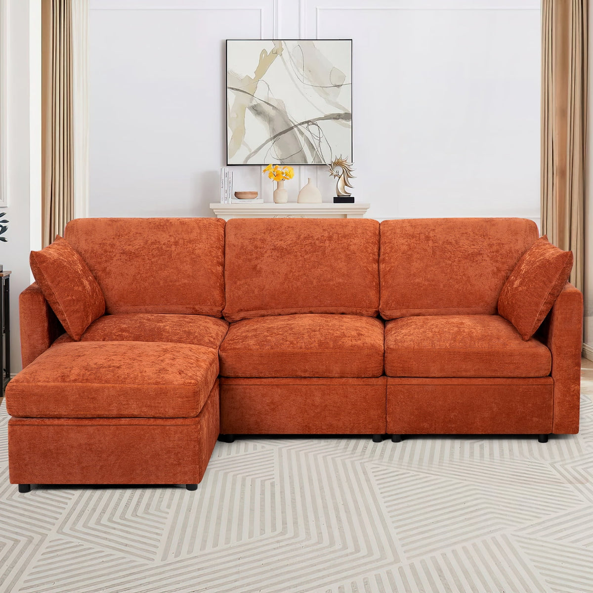 ACMEASE 84? Chenille 3 Seats Sofa W/Movable Ottoman, Modern Fabric L-Shaped Couch with Soft Backrest, Upholstered Sectional Sofa with Armrest Pillows for Living Room, Office,Orange