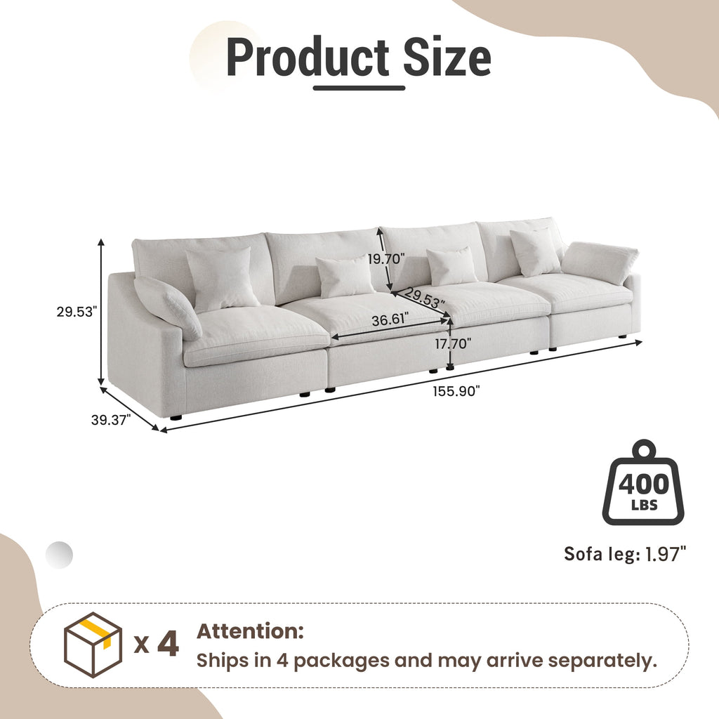 160" Cloud Couch Sectional for Living Room, Down Filled 4 Seater, Convertible Sofa Couch, White