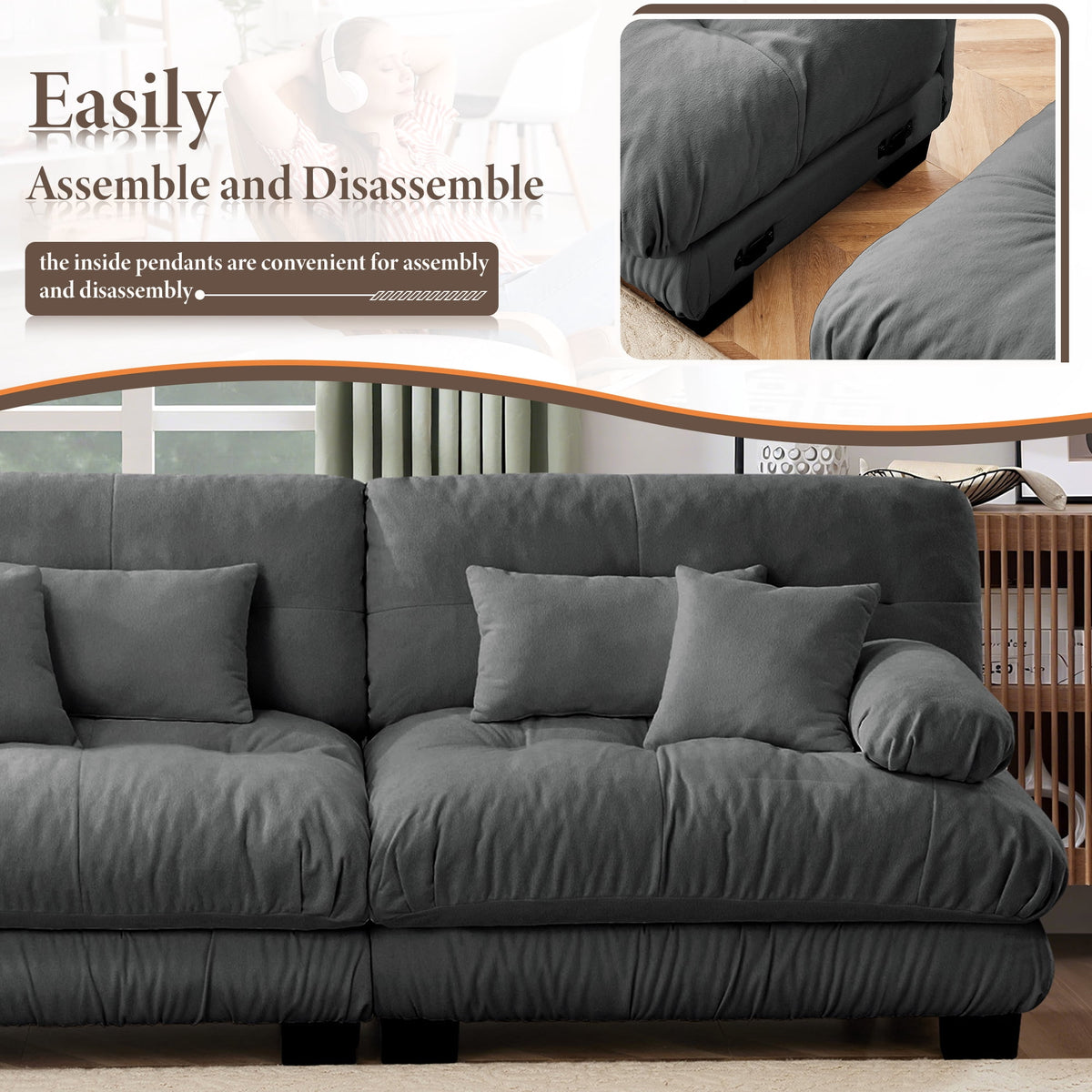 FFH 173.2" Modular Sectional Sofa, U Shaped Couch for Living Room, 4-Seater Comfy Cloud Couch with Deep Seat (Chenille Dark Gray, 4 Seater with 2 Ottomans)
