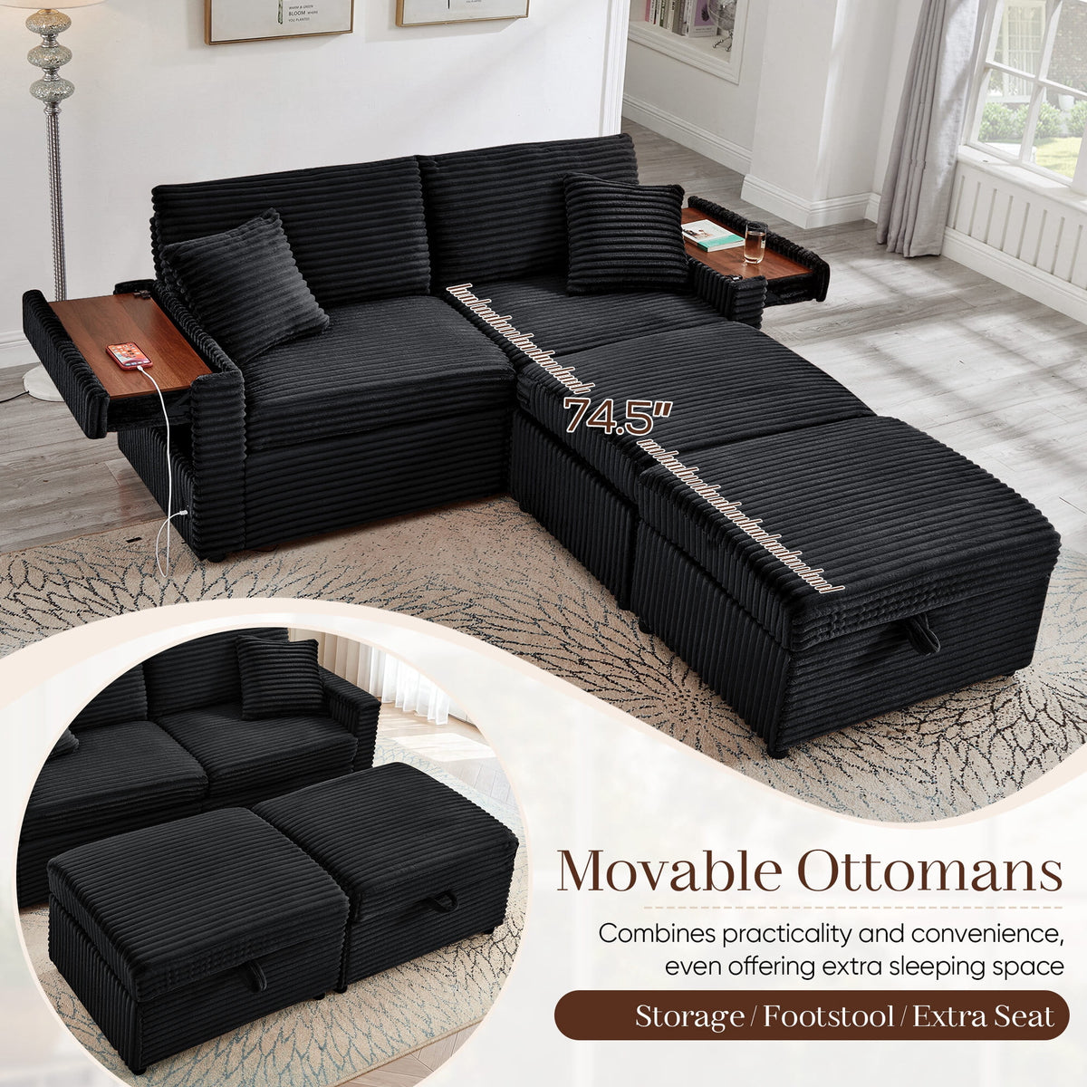 Muumblus Loveseat Sectional Sofa with 2 Storage Ottomans, Modular Cloud Couch with 2 Side Tables & USB, Plush Double Chaise Lounge Sofa Bed Indoor, Black Corduroy