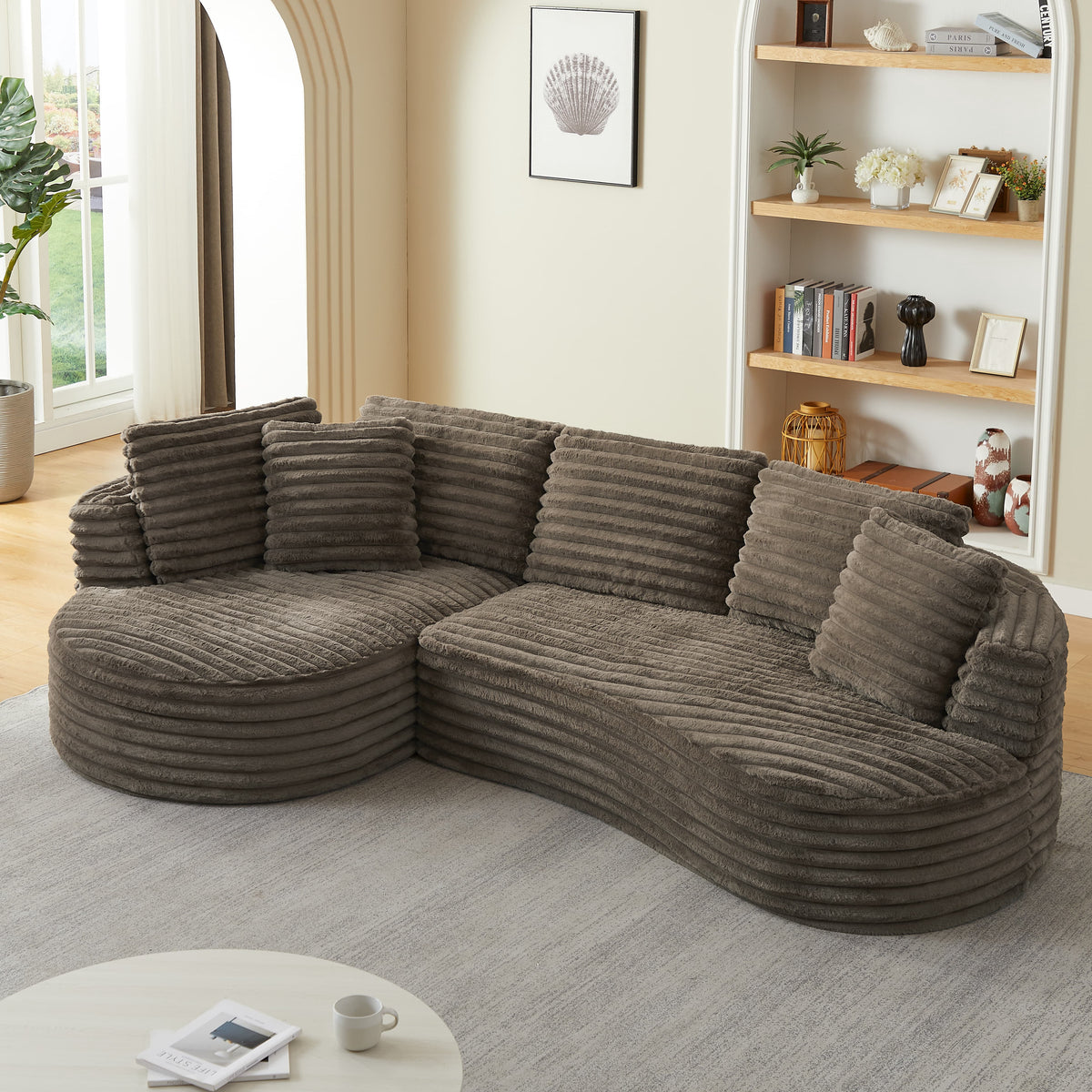 MAYEERTY 120.9" Brown Corduroy Curved L Modular Sectional Sofa, Pocket Spring No Assembly Couch for Living Room Reception