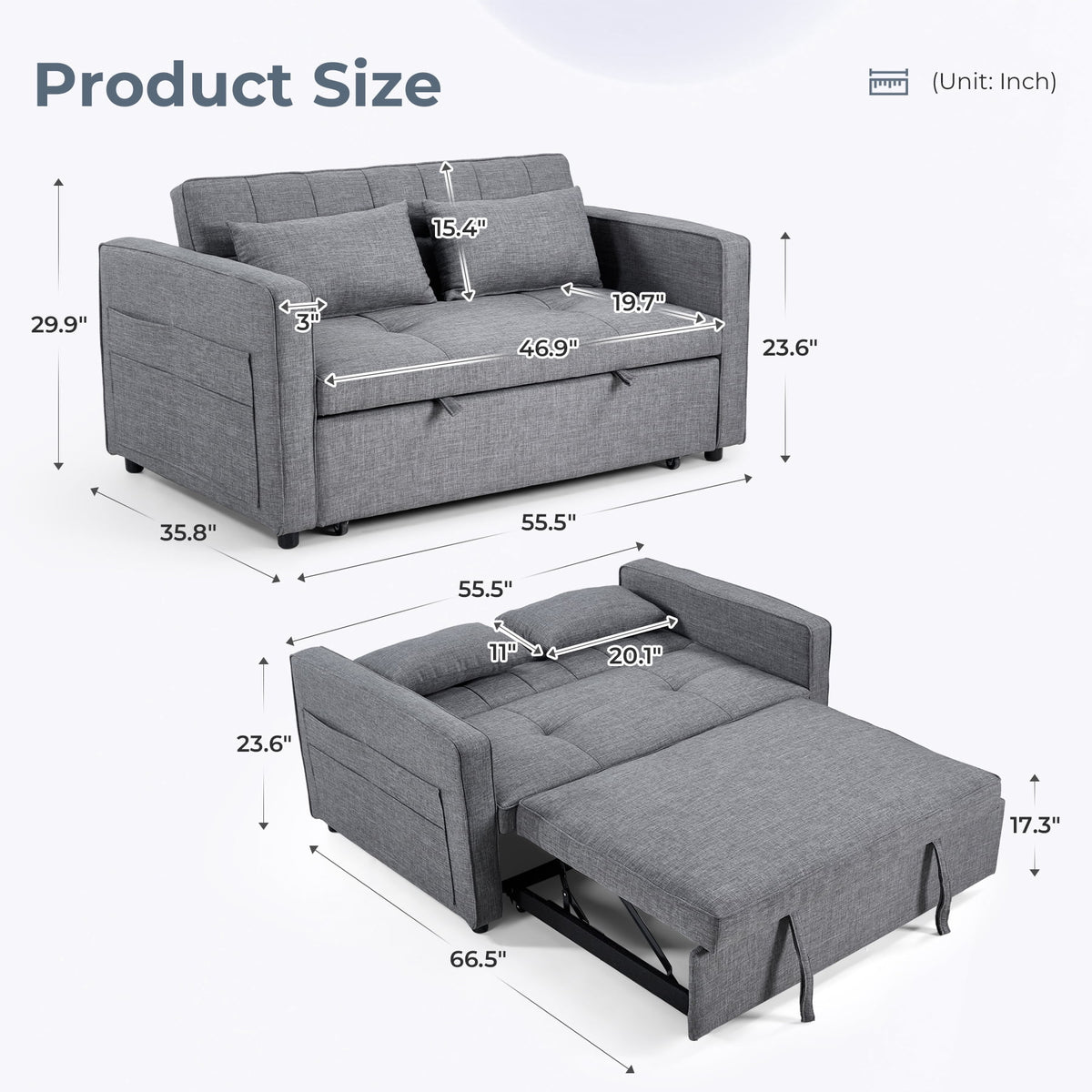  2-Pack 3 in 1 Convertible Sleeper Sofa Bed, 2-Seater Futon Couch with Storage Pockets, Adjustable Backrest for Guest Room, Airbnb, Gray