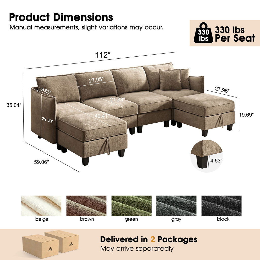  112" Modular Sectional Sofa with 2 Moveable Storage Ottoman, Cloud Couch Seats 6, Modern Living Room Furniture, Chenille Brown