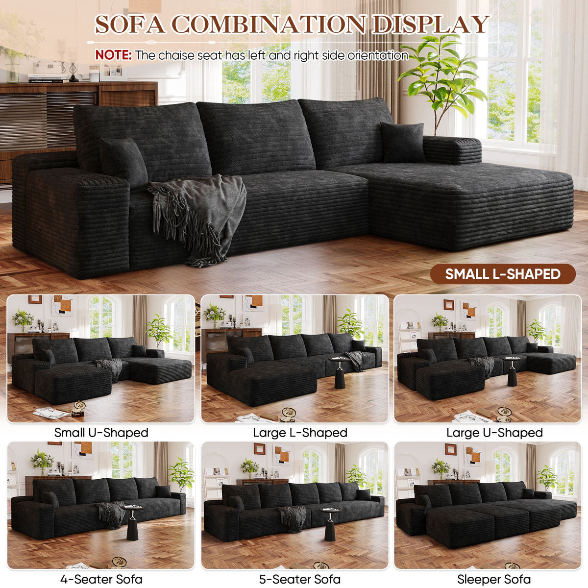 Muumblus 107" Cloud Sectional Sofa with Left Chaise, Cozy U-Shaped Modular Sofa with Ottoman, Plush Corduroy Sleeper Bed Couch, No Assembly Required, Black