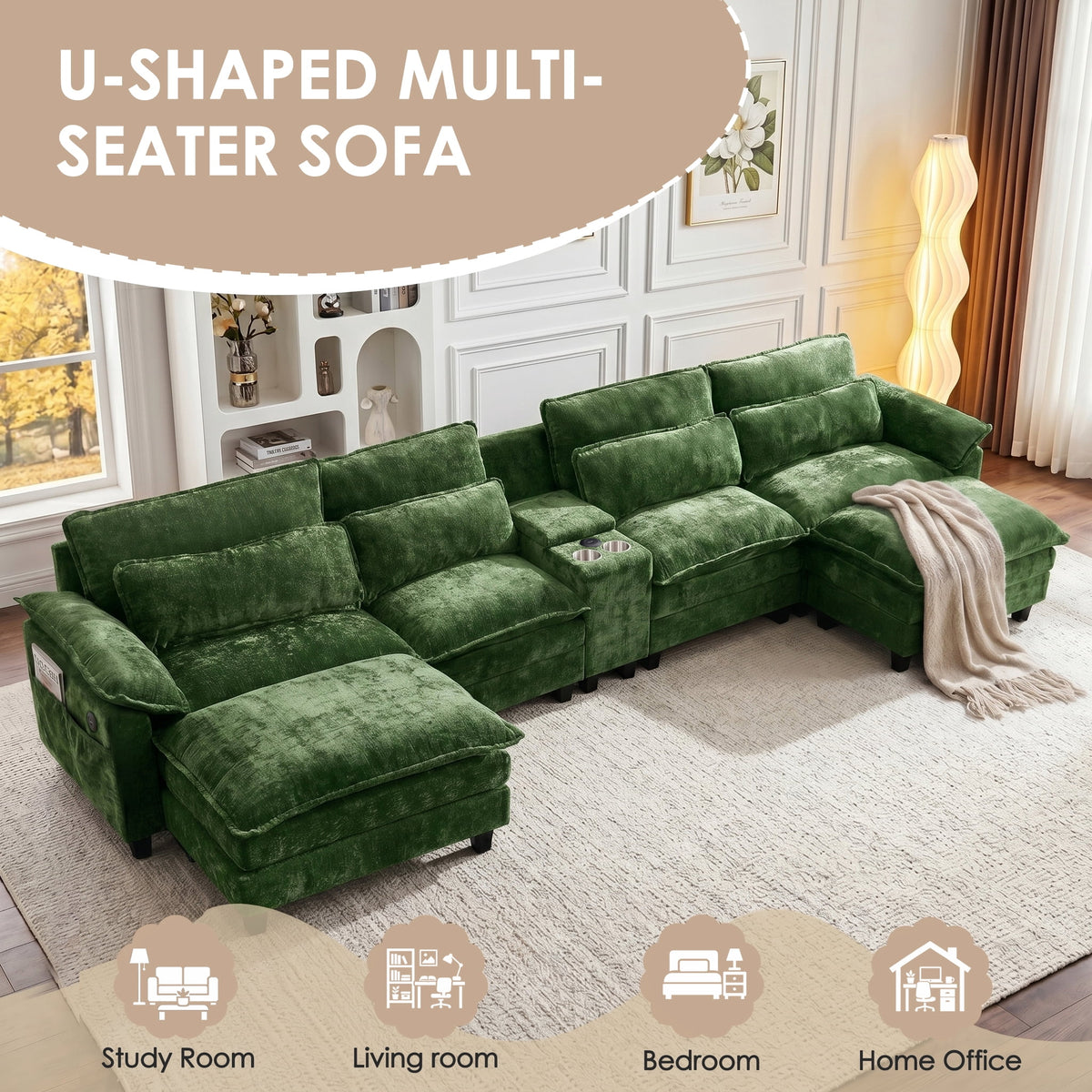 AISWORD 157" U Shaped Cloud Couch Sectional, Oversized Modular Sofa with USB Charging, Hidden Storage, Cup Holders & Double Chaise for Living Room, Green
