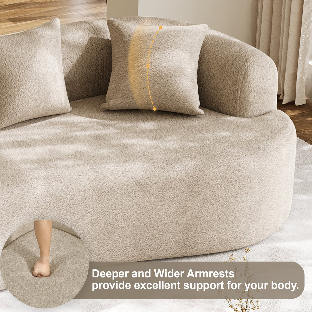 Wiilayok 106.5"Modern Chenille Sofa,Curved Sofa with Deep Seat,Cloud Compression Sofa Couch for Living Room,No Assembly,Light Brown