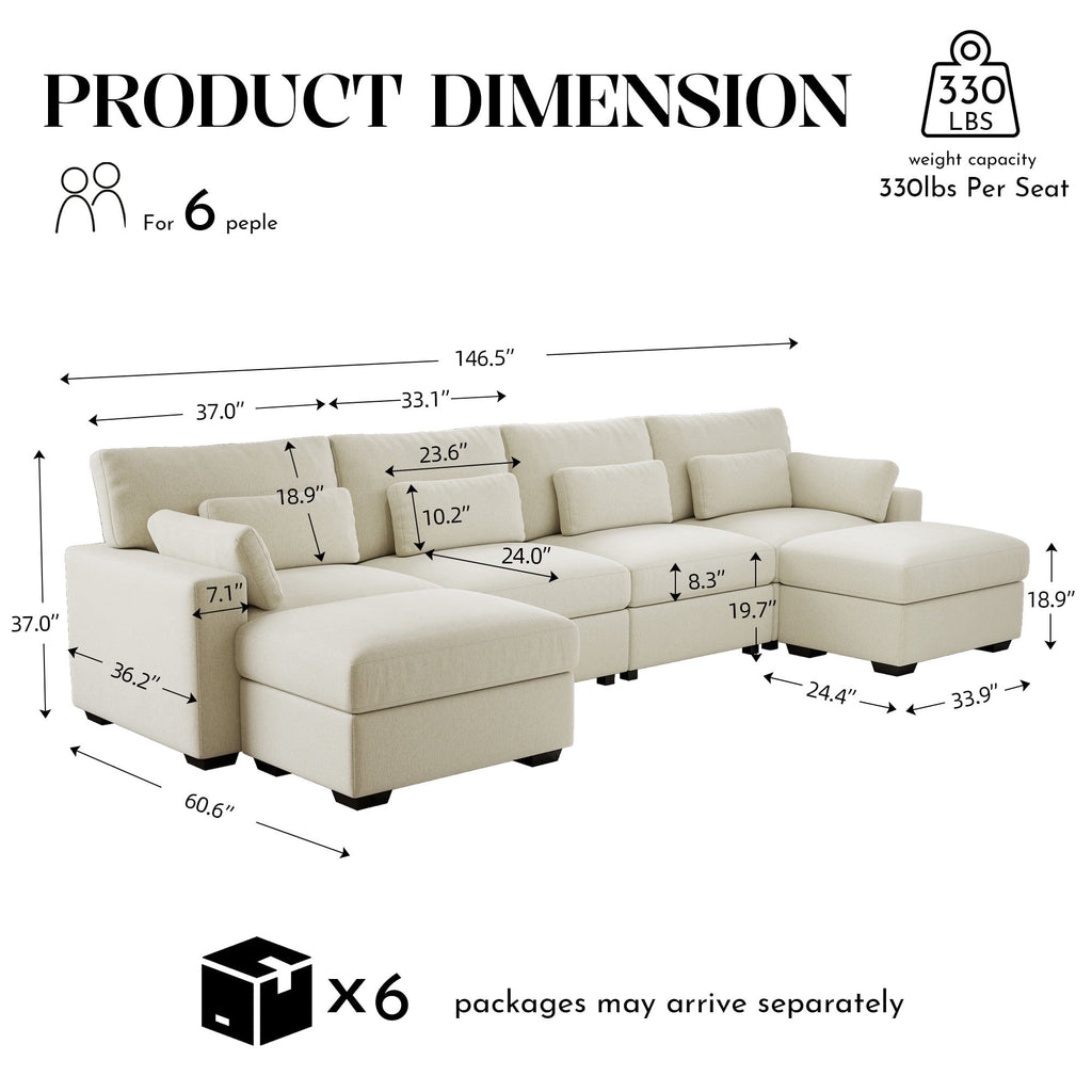 Hombryzy 146" Modular Sectional Sofa with Movable Ottoman, U-Shaped Deep Seat Cloud Couch for the Living Room, 6-Seat, Beige