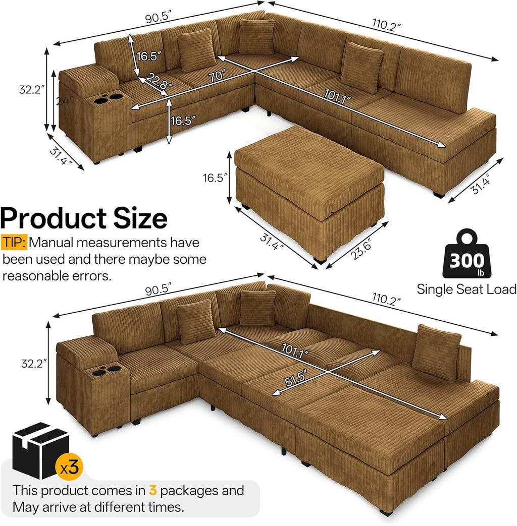 Sectional Sleeper Sofa with Pull Out Bed,110" L-Shaped Modular 6-Seater Cloud Sectional Couch,Convertible Corduroy Sofa for Living Room,Ottoman with USB Charging Ports & Cup Holders,Camel