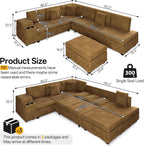 Sectional Sleeper Sofa with Pull Out Bed,110" L-Shaped Modular 6-Seater Cloud Sectional Couch,Convertible Corduroy Sofa for Living Room,Ottoman with USB Charging Ports & Cup Holders,Camel