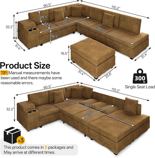 Sectional Sleeper Sofa with Pull Out Bed,110" L-Shaped Modular 6-Seater Cloud Sectional Couch,Convertible Corduroy Sofa for Living Room,Ottoman with USB Charging Ports & Cup Holders,Camel
