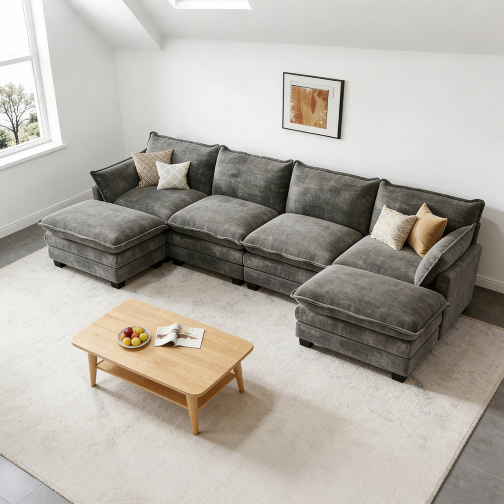 DoMaDing U Shaped Modular Sectional Sofa, 116" Couch with Movable Ottoman, Comfy Chenille Sofa with Pillows for Living Room, Sturdy Frame, Dark Gray
