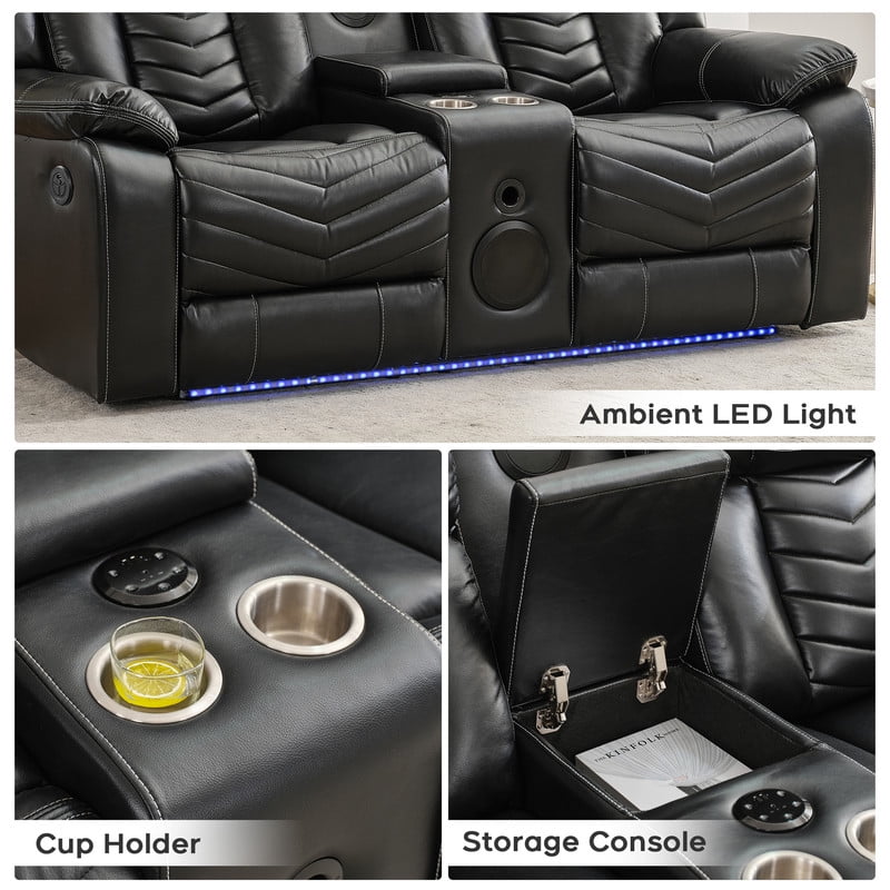 2PCS Power Zero Gravity Reclining Sofa Set with Bass Speaker,Wireless Charger,USB/Type C Ports,LED Light,Cup Holder,Storage Console Faux Leather Electric Recliner Sofa and Loveseat,5 Seater,Black