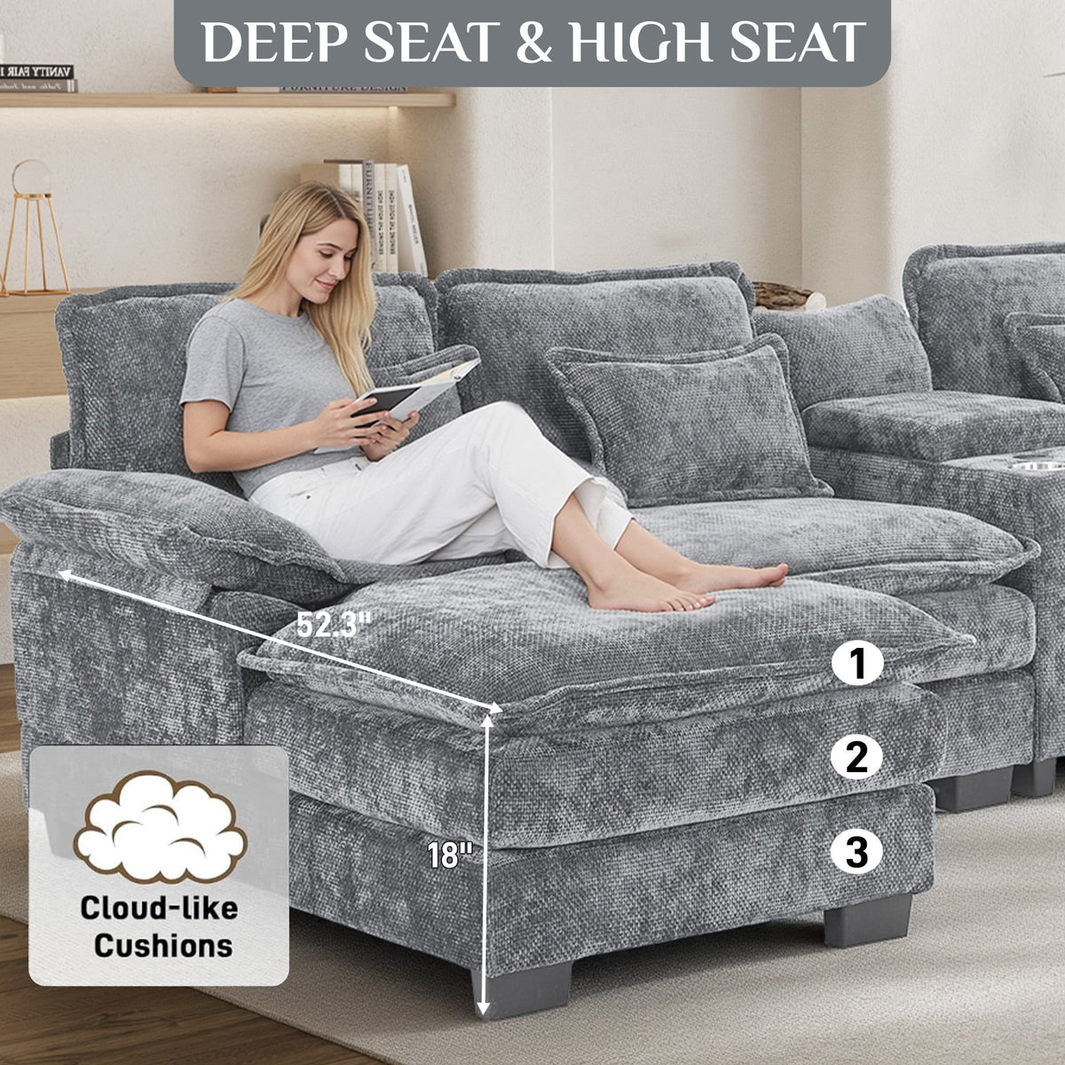Wiilayok 133" U Shaped Cloud Couch Modular Sectional Couches for Living Room Fluffy Chenille Deep Seat Sofa Set with Double Chaise Lounge, Storage Central Console, Cup Holders, USB Port, Storm Gray