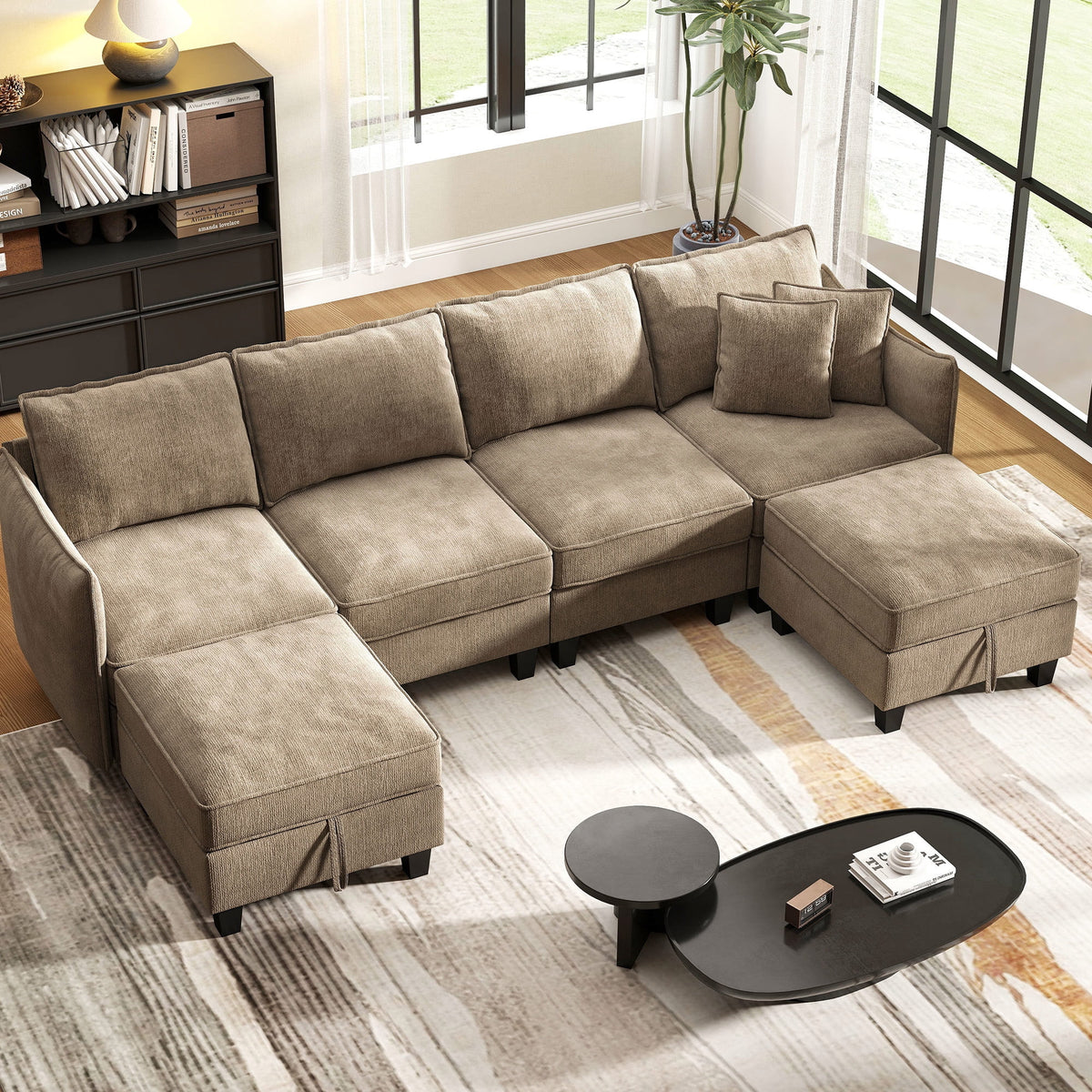  112" Modular Sectional Sofa with 2 Moveable Storage Ottoman, Cloud Couch Seats 6, Modern Living Room Furniture, Chenille Brown