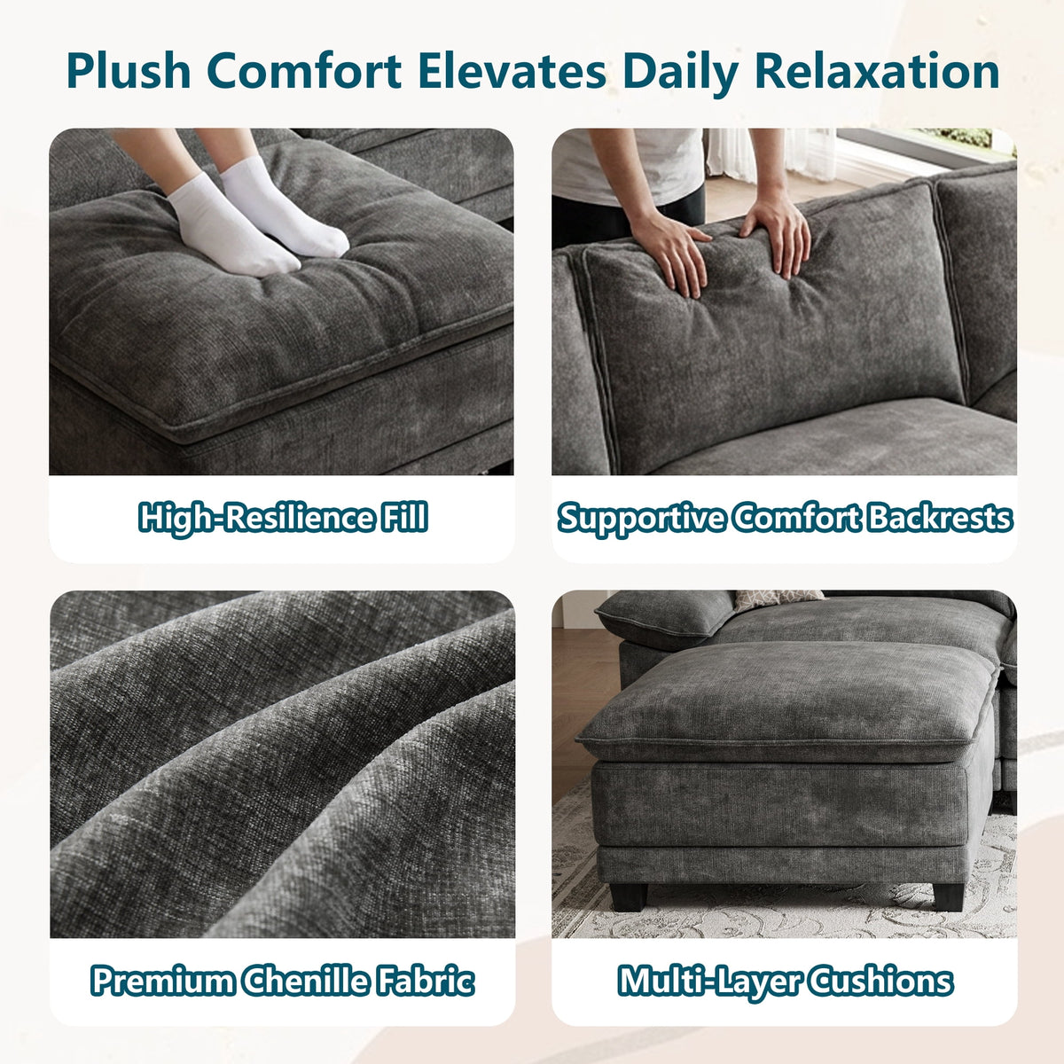 DoMaDing 108" L Shaped Modular Sectional Cloud Sofa, Sofa Couch for Living Room, Comfortable Couch with Modular Design, Sturdy Frame, Dark Gray