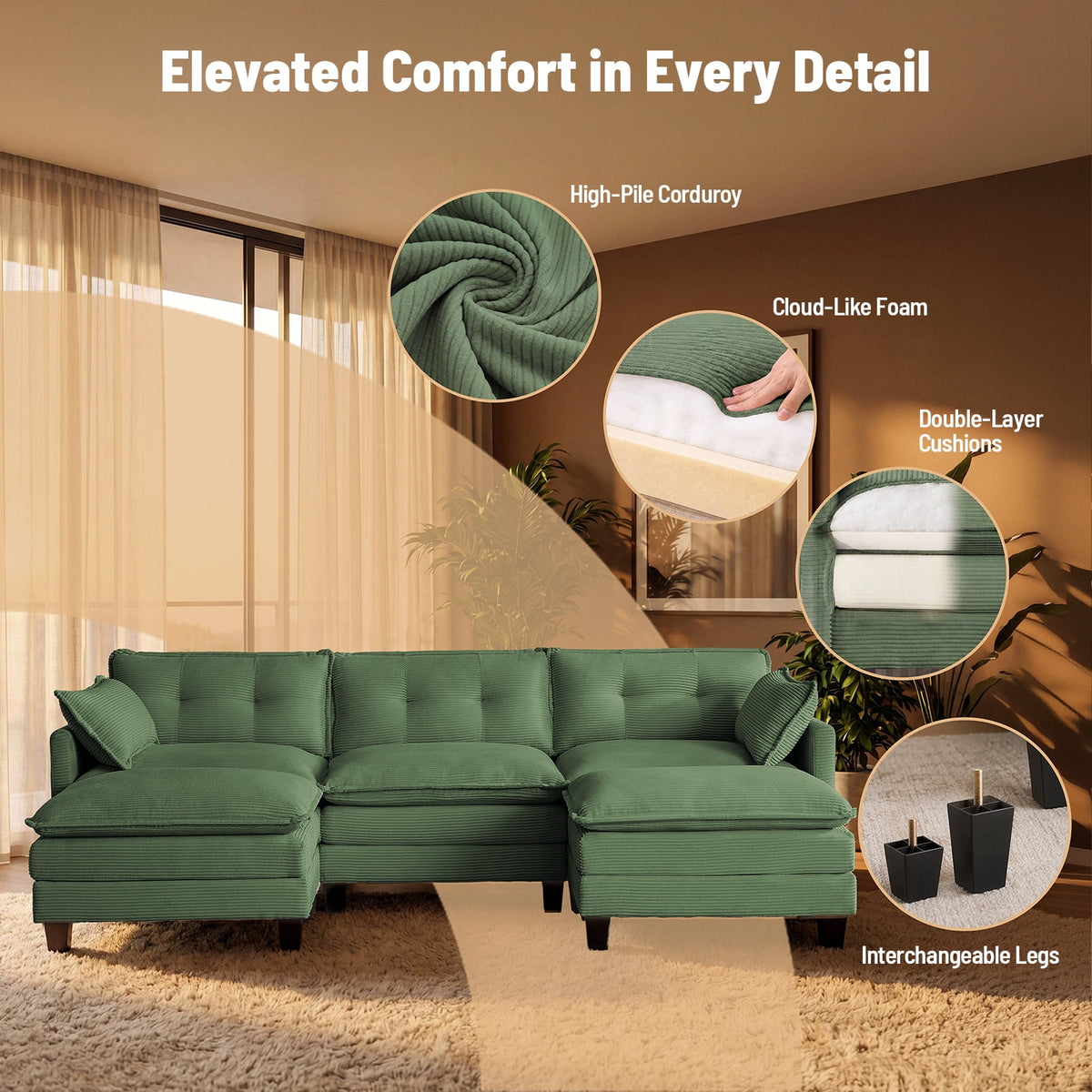 Amsleekey 111.5" Modular Sectional Sofa with 2 Movable Ottomans, U-Shaped Modern Corduroy Cloud Couch for Living Room, Comfy Deep Seat, Green