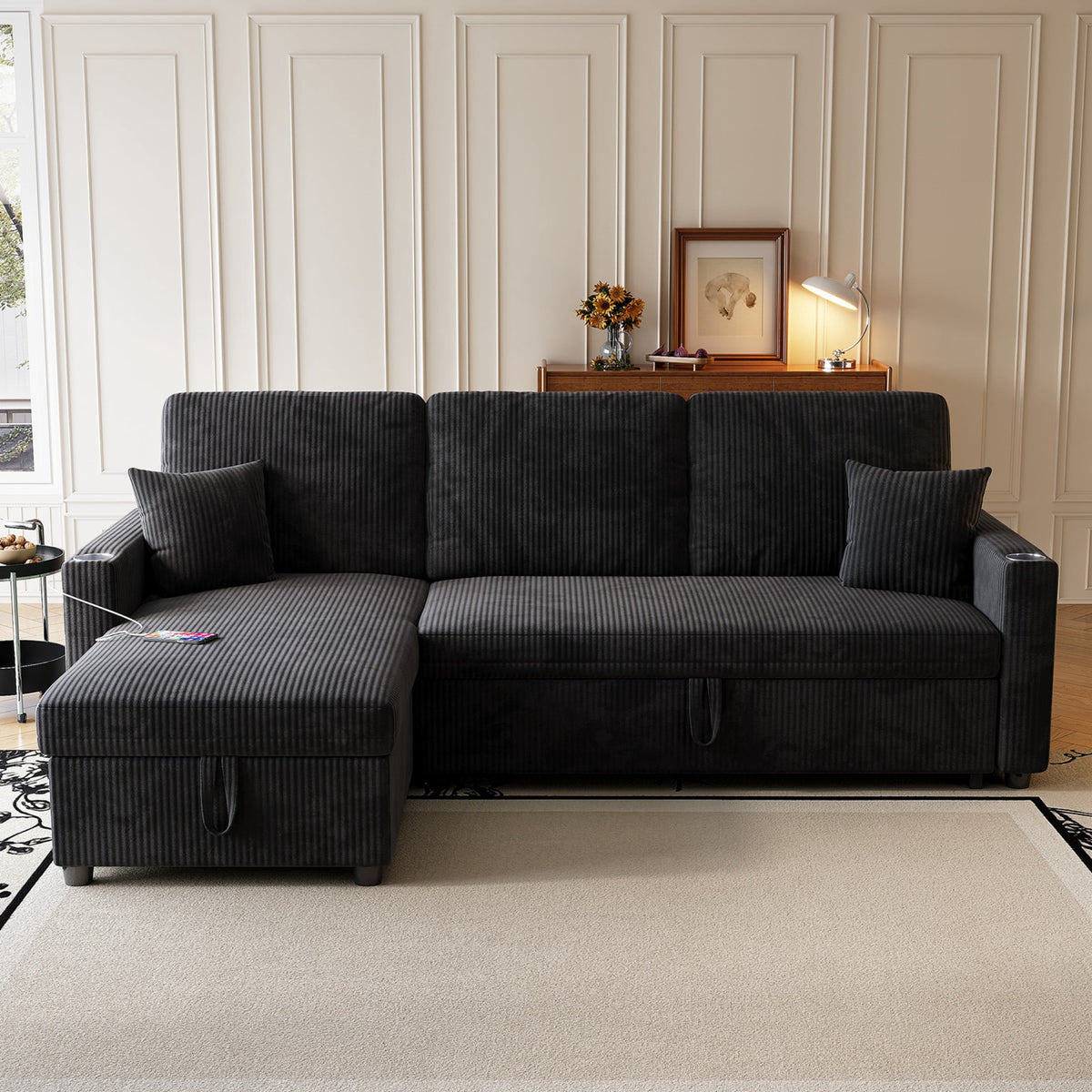 83" Sleeper Sectional Sofa, Comfy Convertible Sofa Bed with Pull Out Couches, Small Desktop, Corduroy L Shaped Couch with Reversible Storage Chaise & USB for Living Room Apartment,Black