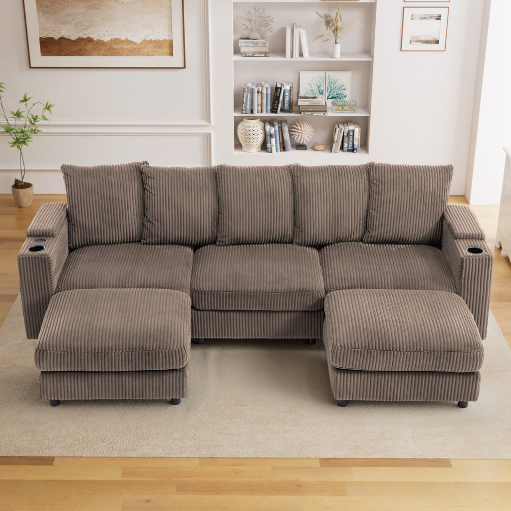 Wiilayok 110" Oversized U-Shaped Cloud Couch Sectional with Modular Design for Living Room: Comfy Corduroy, Ottoman, USB Port, Cup Holder, Armrest Storage, Side Pocket, Brown