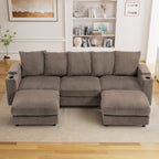 Wiilayok 110" Oversized U-Shaped Cloud Couch Sectional with Modular Design for Living Room: Comfy Corduroy, Ottoman, USB Port, Cup Holder, Armrest Storage, Side Pocket, Brown