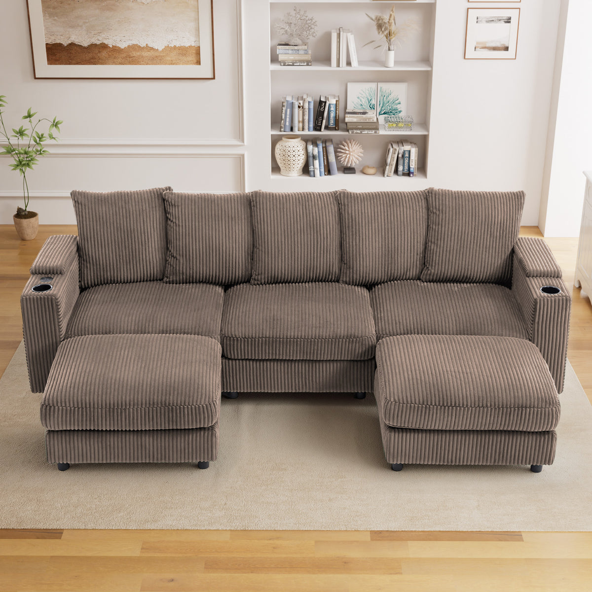 Wiilayok 110" Oversized U-Shaped Cloud Couch Sectional with Modular Design for Living Room: Comfy Corduroy, Ottoman, USB Port, Cup Holder, Armrest Storage, Side Pocket, Brown