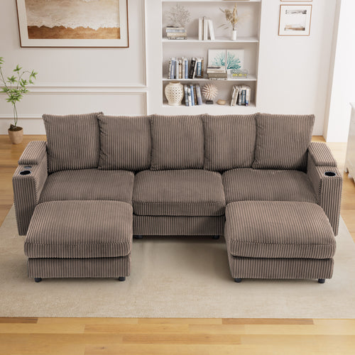 Wiilayok 110" Oversized U-Shaped Cloud Couch Sectional with Modular Design for Living Room: Comfy Corduroy, Ottoman, USB Port, Cup Holder, Armrest Storage, Side Pocket, Brown