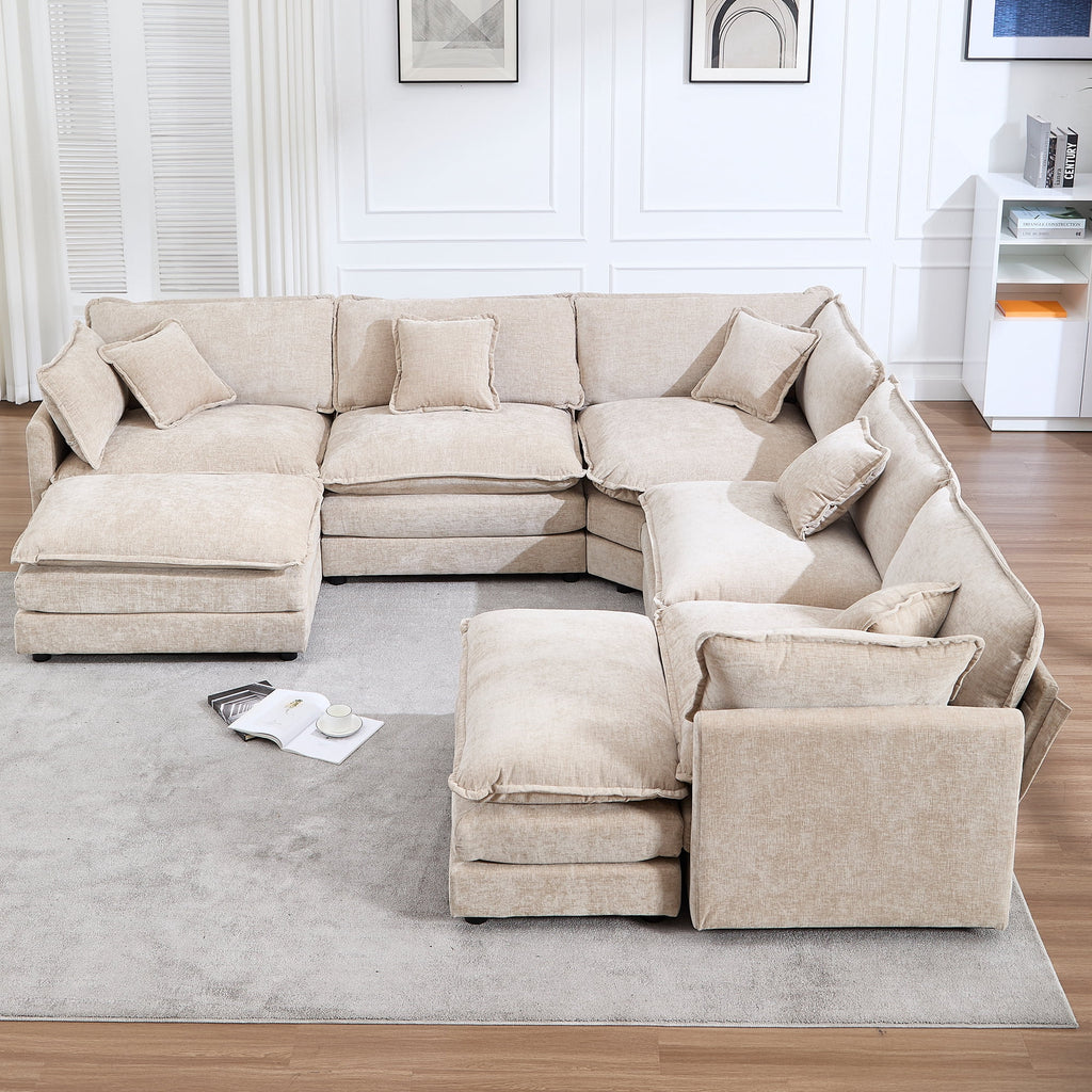 GNIXUU 113.4 " U-Shaped Cloud Couch ,Oversized Sectional Sofa with 2 Ottomans,Modern Chenille Deep Seat Modular 7-Seater Corner Couches for Living Room, Office,Beige
