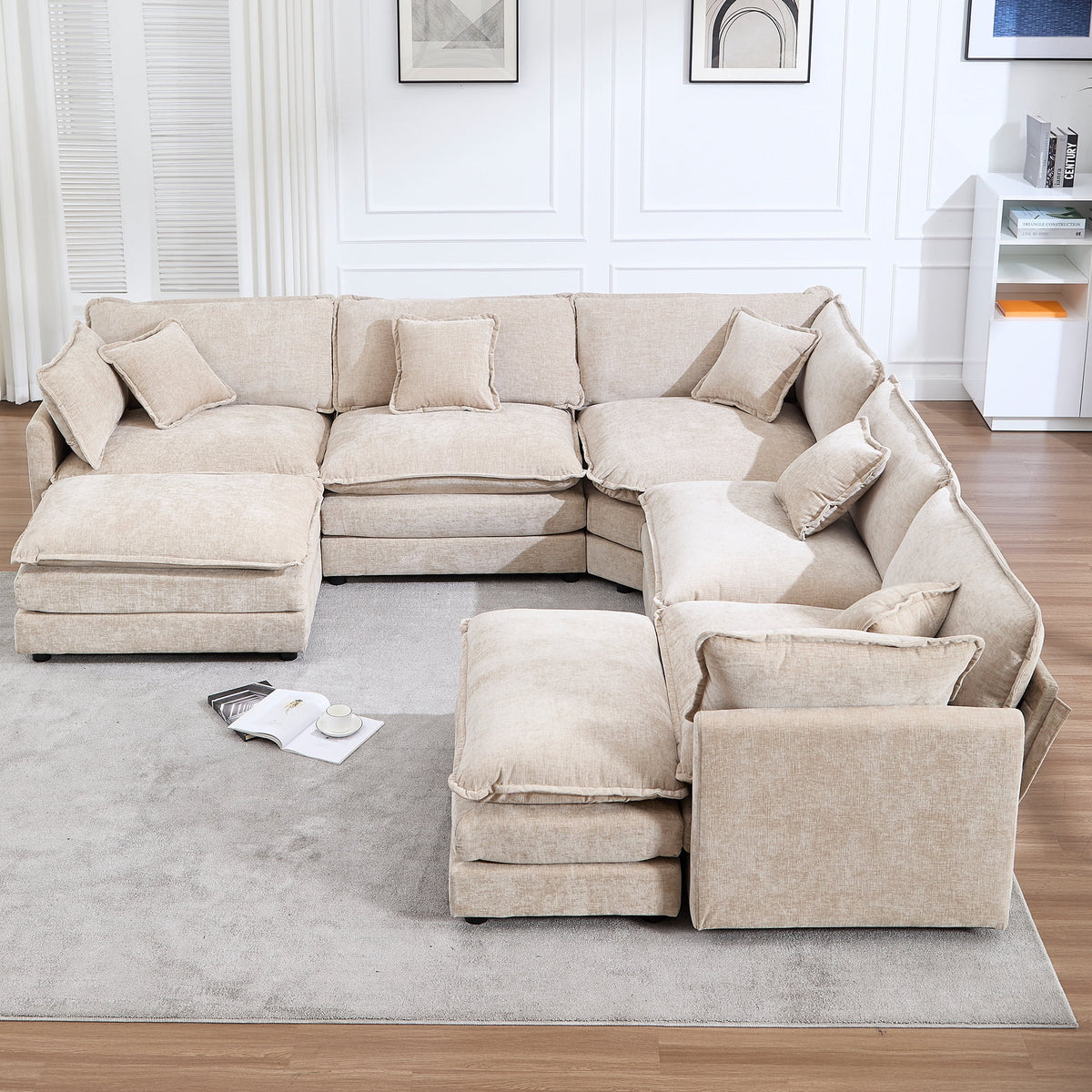 GNIXUU 113.4 " U-Shaped Cloud Couch ,Oversized Sectional Sofa with 2 Ottomans,Modern Chenille Deep Seat Modular 7-Seater Corner Couches for Living Room, Office,Beige