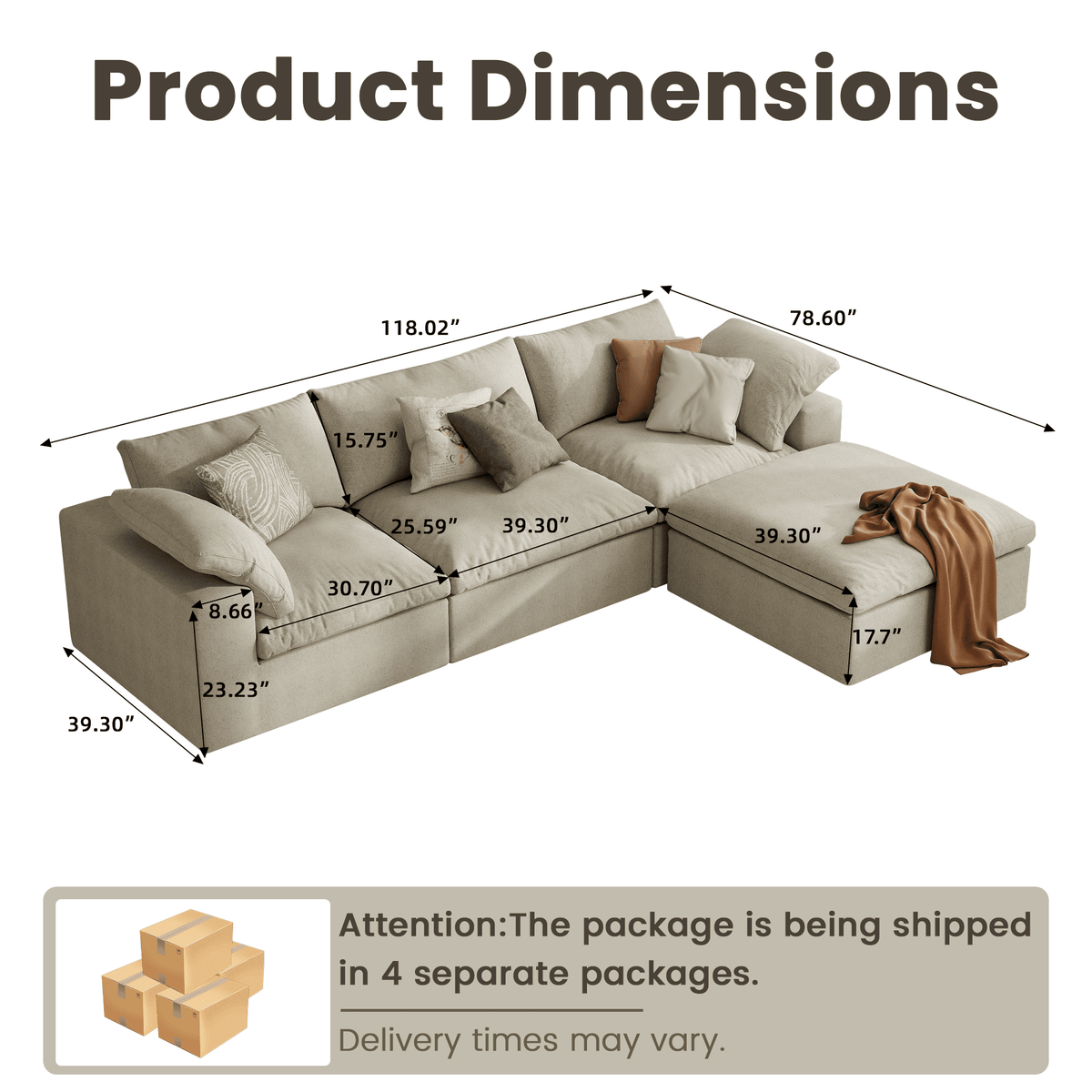 The Magic Home 118" Sofa Couch, Cloud Modular Sectional Sofa with Removable Storage Ottoman, L Shaped Linen Modern Comfy for Living Room, Apartment, Office, DIY Combination, 3 Seater Khaki Couch