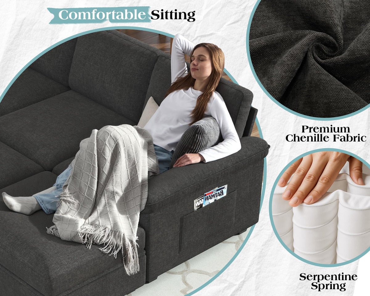 Papajet 105" Sofa Bed, Sectional Sleeper Sofa with Pull Out Bed/Reclining Backrest, 6 Seater Sleeper Couch Bed with Storage, Chenille Dark Gray