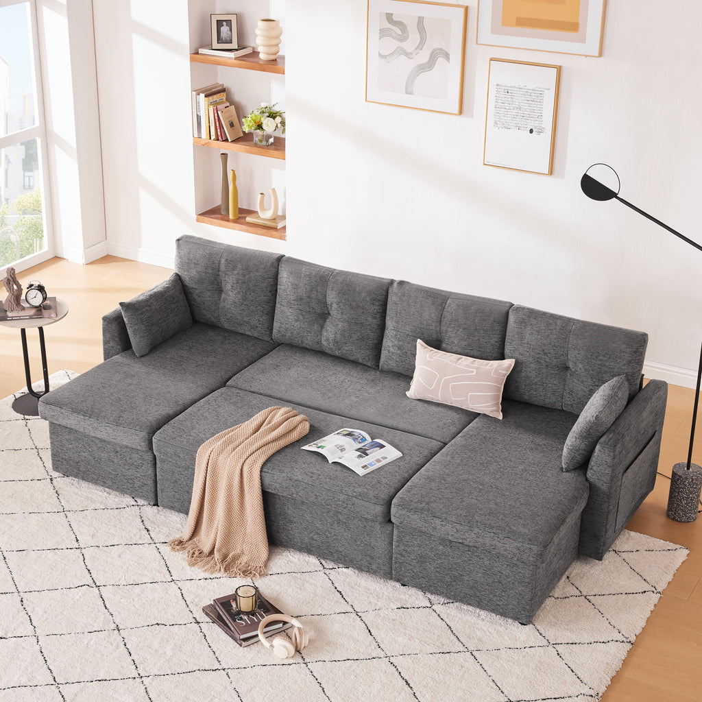 Weture Sectional Sleepe Sofa, 2 in 1 Pullout Couch Bed with Storage Chaise and Side Pocket, DarkGray