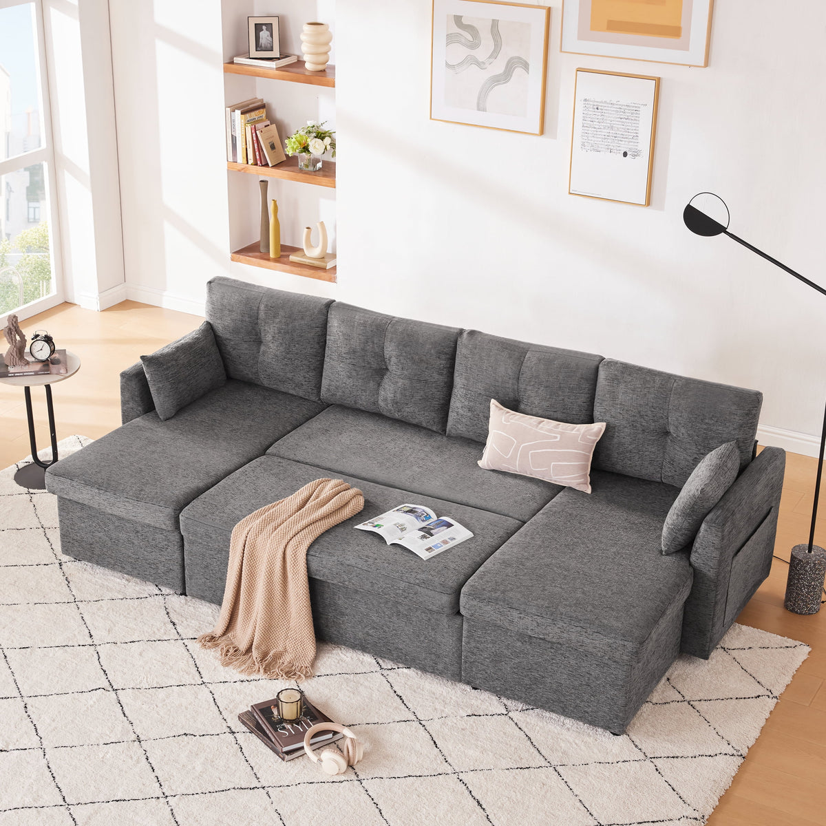 Weture Sectional Sleepe Sofa, 2 in 1 Pullout Couch Bed with Storage Chaise and Side Pocket, DarkGray