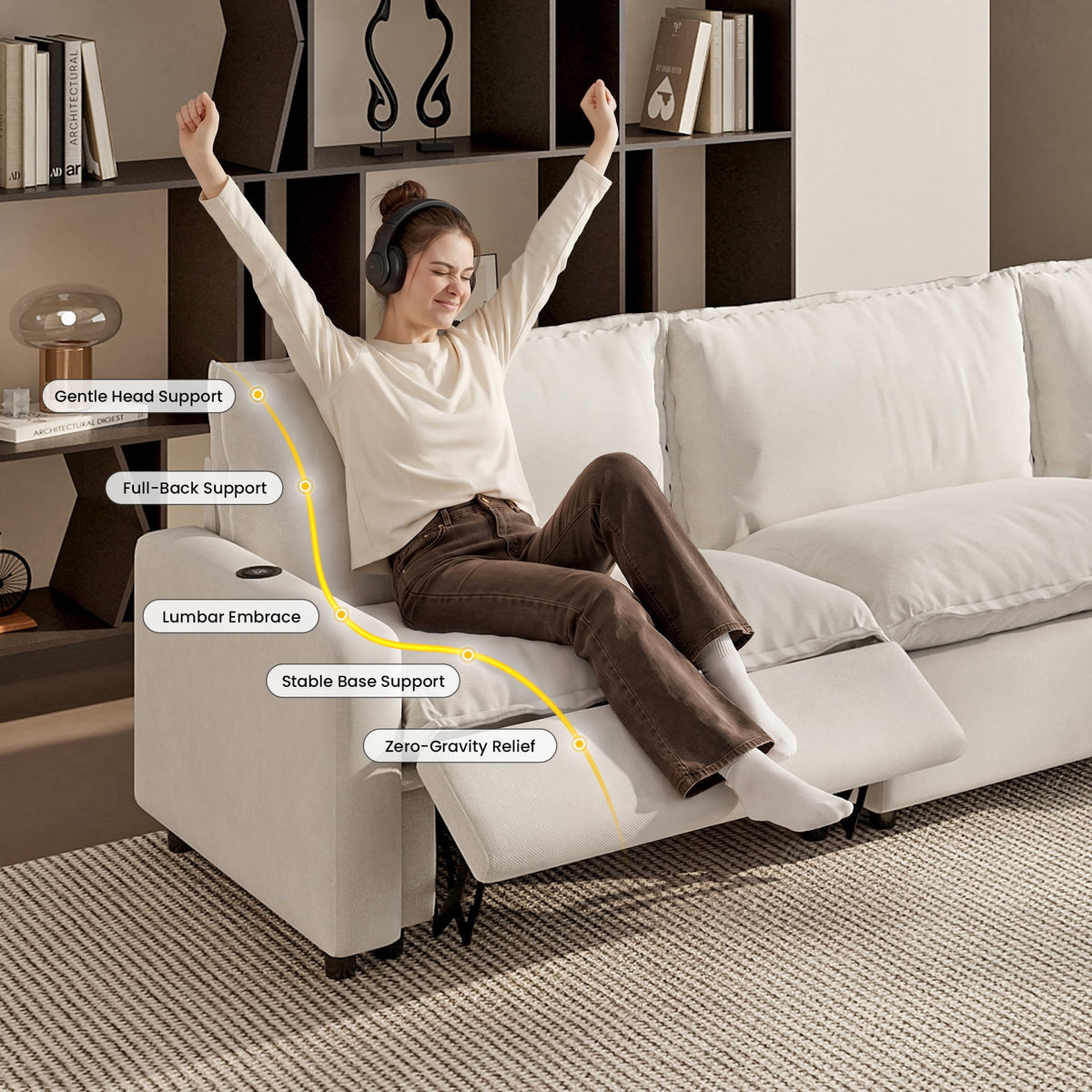 Sdorens Oversized Modular Sectional Sofa with Power Recliner,Cloud Heated Seat Reclining Couch,Charging Cup Holders,Deep L-Shaped 3 Seater with Ottoman,Beige