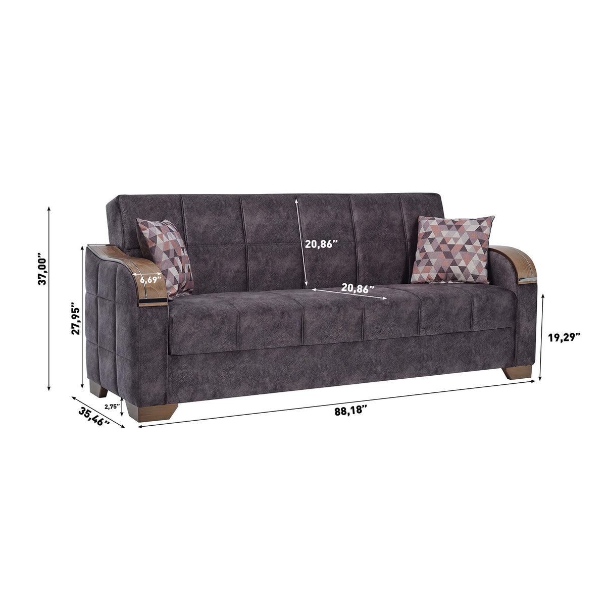Ottomanson 88" Convertible Sofa Couch for Living Room, Suede Modern Sofa Bed with Storage, Brown