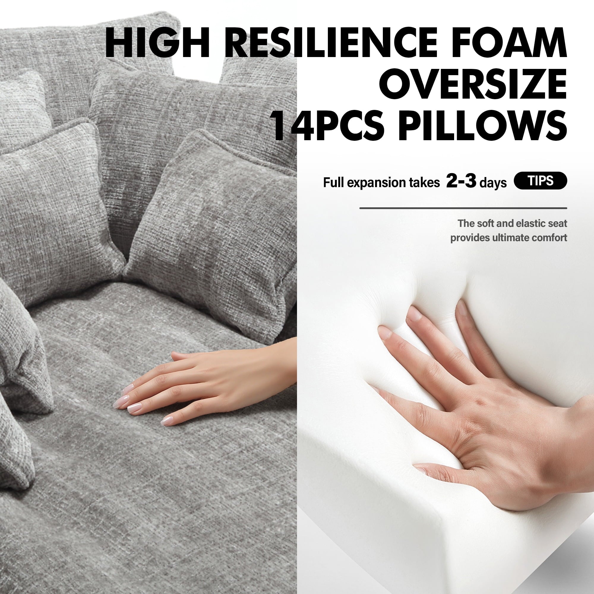  81" Oversized Round Chaise Lounge Sofa Bed, Modern Chenille Cloud Couch with Deep Seat, 14 Pillows, Assemble-Free, Light Gray