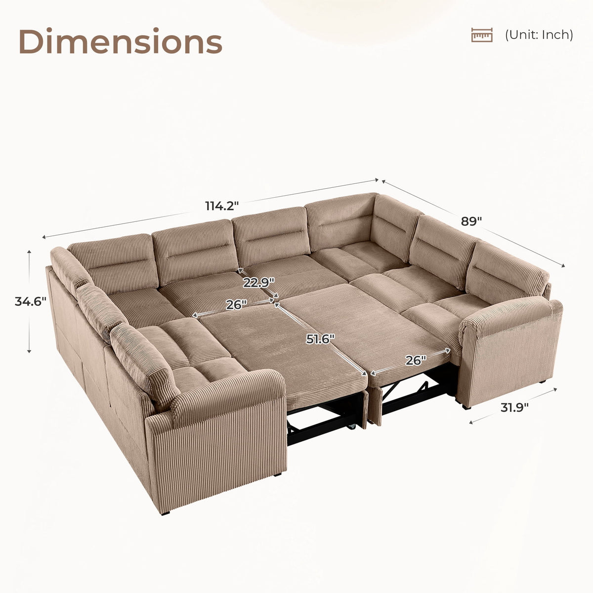  Modular Corduroy Sectional Sofa with Pull Out Sleeper, Convertible U-Shaped Couch, Free Combination Upholstered Sofa Bed for Living Room