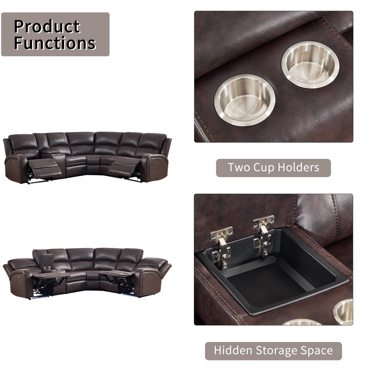  Power Reclining Sectional Sofa with LED Lights ? Faux Leather L-Shape Sectional with Dual Power Recliners, Storage Console & Cup Holders