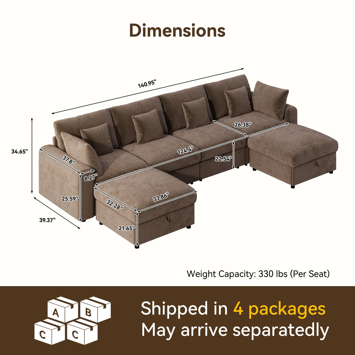  140" Large Modular Sectional Sofa with 2 Removable Storage Ottomans, Extra Deep Seat Cloud Couch for Living Room, Chenille Brown